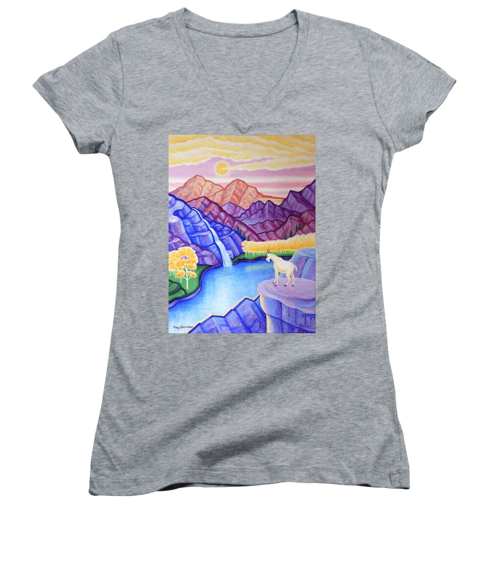 Rocky Mountain Goat Landscape Surreal Mountains Waterfall Women's V-Neck featuring the painting Rocky Mountain High by Tracy Dennison