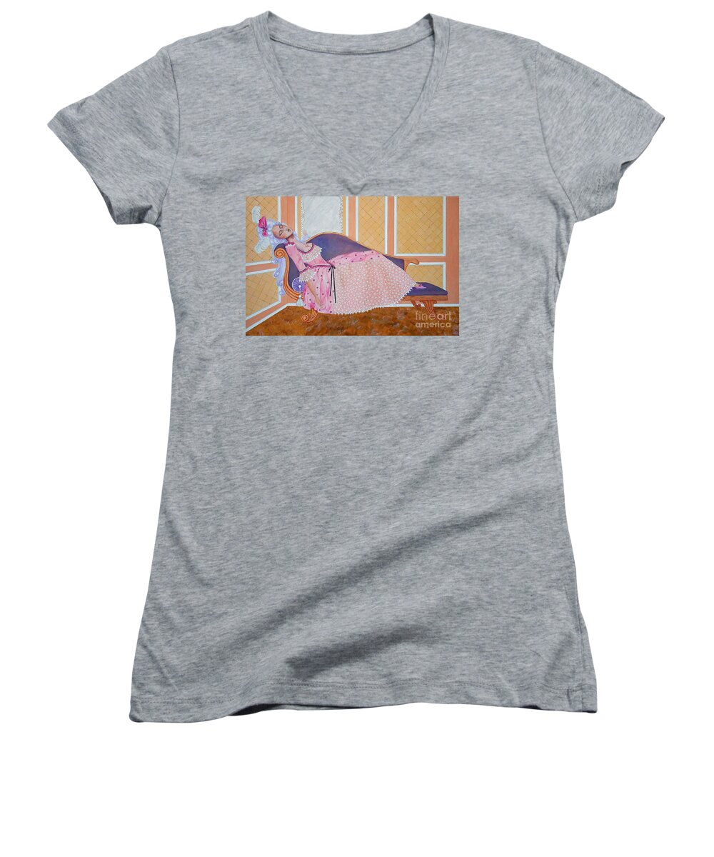 Rococo Women's V-Neck featuring the painting Rococo Coquette -- Mme. Pompadour, #2 in Famous Flirts Series by Jayne Somogy