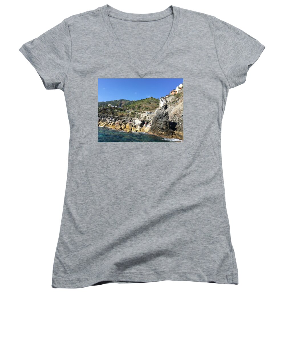 Roman Women's V-Neck featuring the painting Roman Aqueduct and Terraces in Liguria, Italy by Kenlynn Schroeder