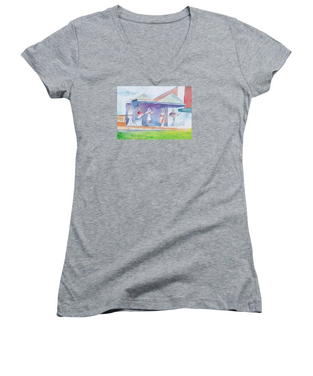 Bluegrass Women's V-Neck featuring the painting Roots Retreat Bluegrass by David Sockrider