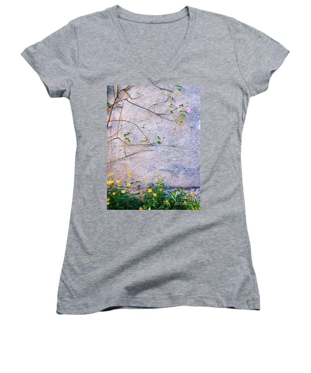 Floral Women's V-Neck featuring the photograph Rose and yellow flowers by Silvia Ganora