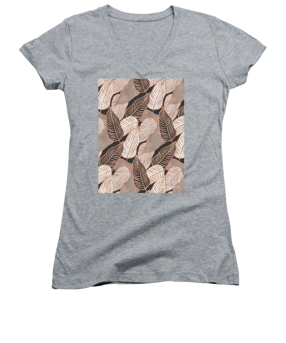Rose Women's V-Neck featuring the mixed media Rose Gold Jungle Leaves by Emanuela Carratoni
