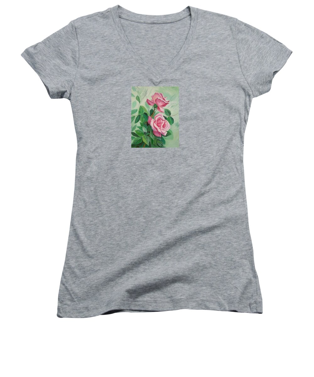 Roses Women's V-Neck featuring the painting Roses on the Vine by Julie Brugh Riffey