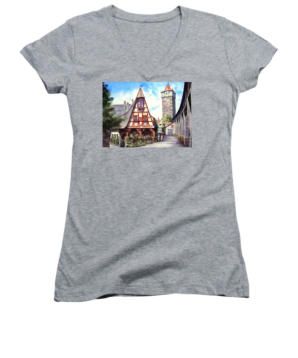 Germany Women's V-Neck featuring the painting Rothenburg Memories by Sam Sidders