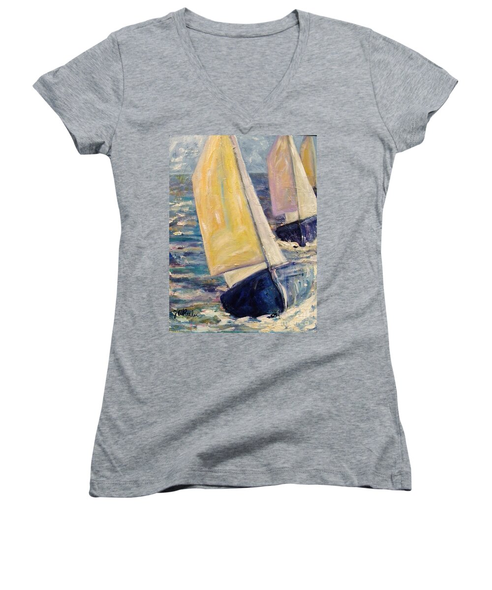 Sailboat Women's V-Neck featuring the painting Rough Seas by JoAnn Wheeler