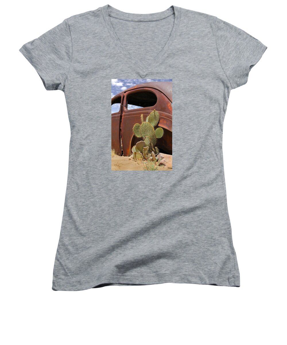 Southwest Women's V-Neck featuring the photograph Route 66 Cactus by Mike McGlothlen