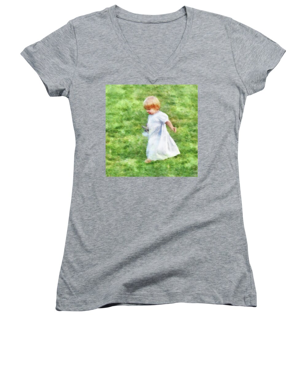 Girl Women's V-Neck featuring the digital art Running Barefoot in the Grass by Frances Miller