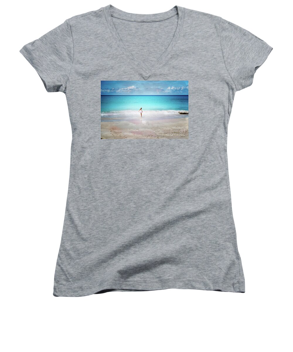 Girl Women's V-Neck featuring the digital art Running to the Sea by Betty LaRue