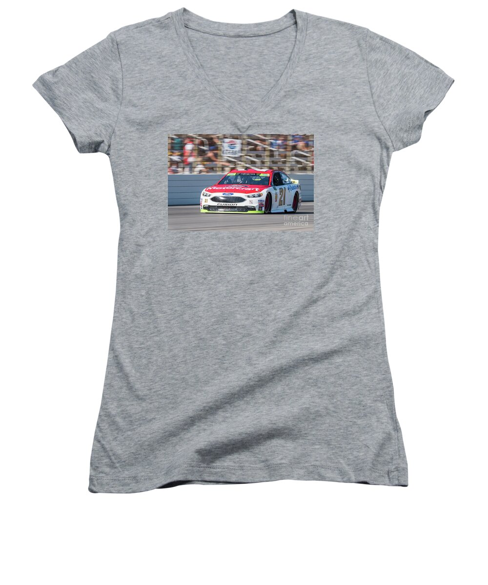 Ryan Blaney Women's V-Neck featuring the photograph Ryan Blaney driving the woods Brothers #21 at Texas Motor Speedway by Paul Quinn
