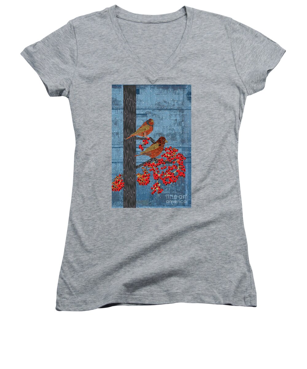 Quilted Birds Women's V-Neck featuring the digital art Sagebrush sparrow long by Kim Prowse