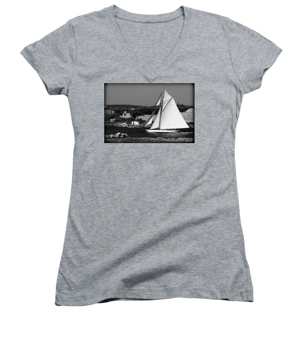 Sailboat Women's V-Neck featuring the photograph sailboat - a one mast classical vessel sailing in one of the most beautiful harbours Port Mahon by Pedro Cardona Llambias