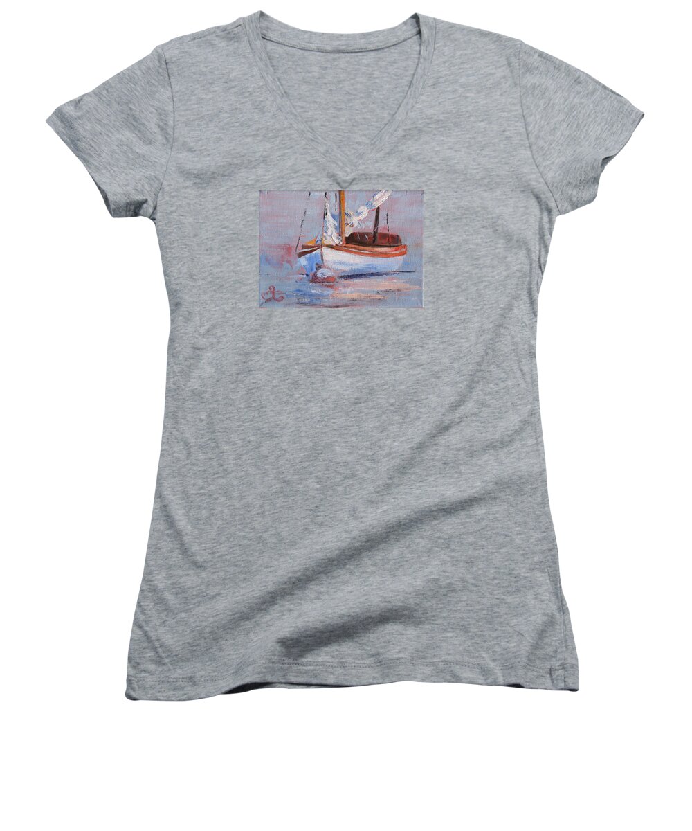 Seascape Women's V-Neck featuring the painting Sailboat Wisdom by Trina Teele