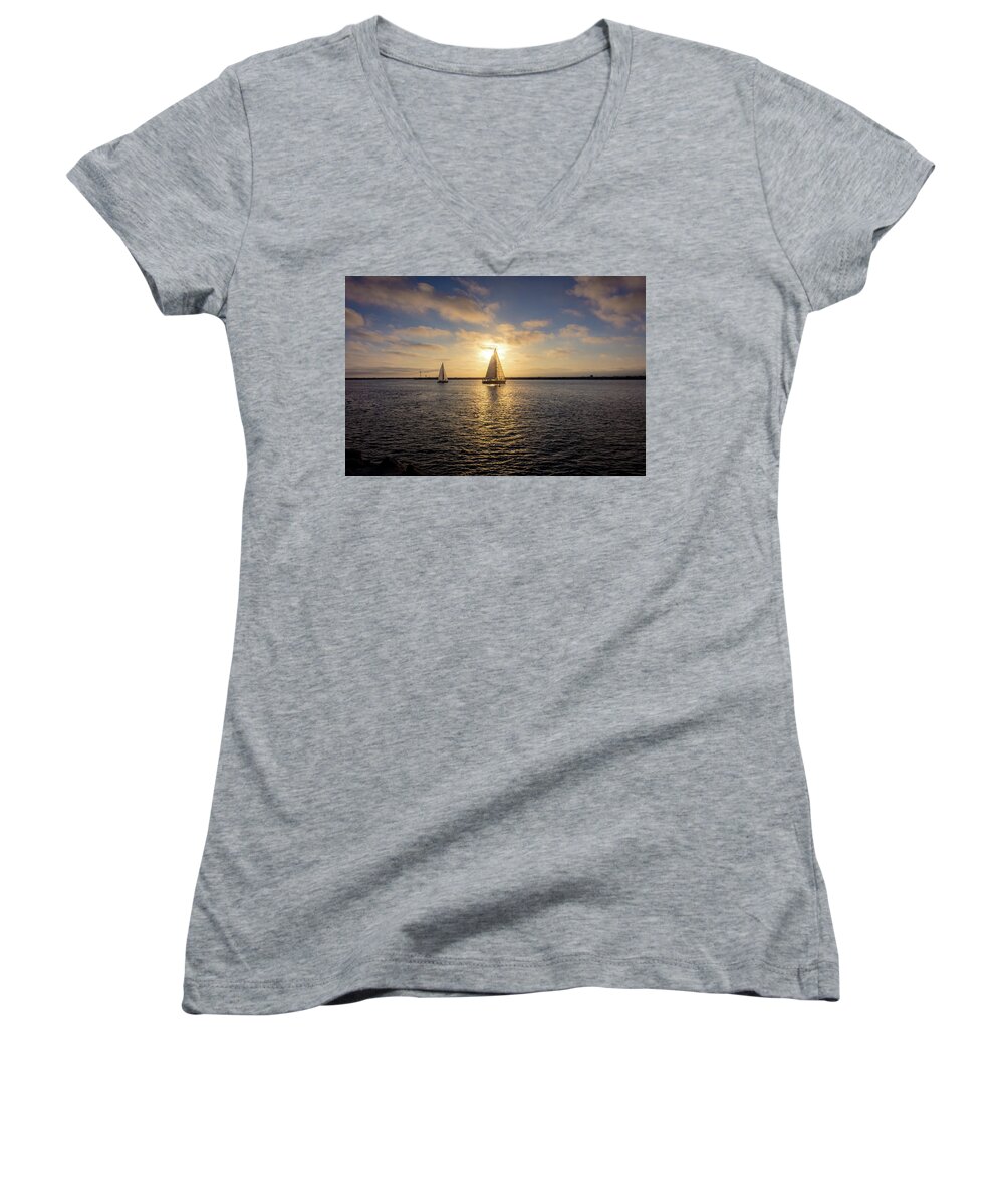 Ballona Creek Women's V-Neck featuring the photograph Sailboats at Sunset by Andy Konieczny