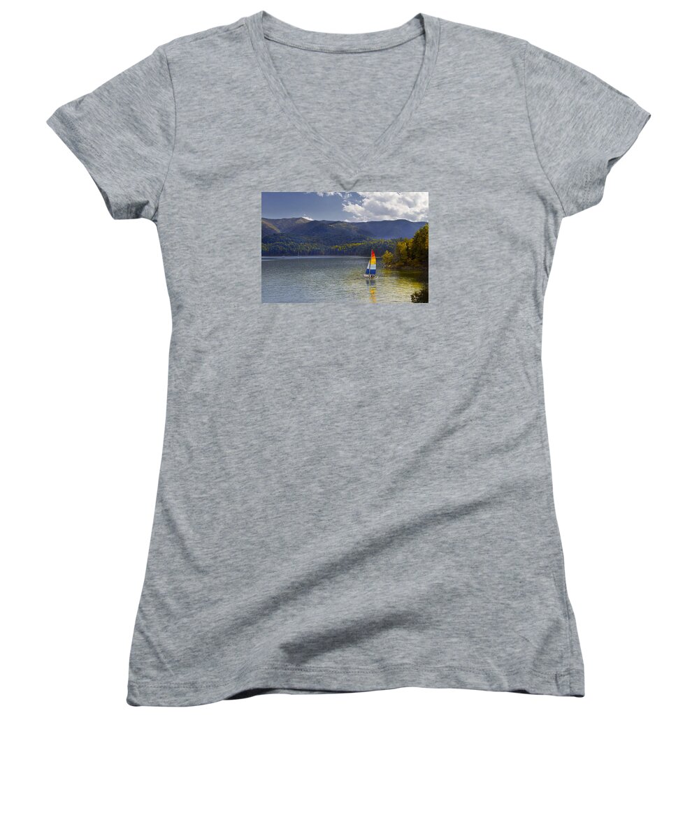 Sailing Women's V-Neck featuring the photograph Sailing the Mountain Lakes by Ken Barrett