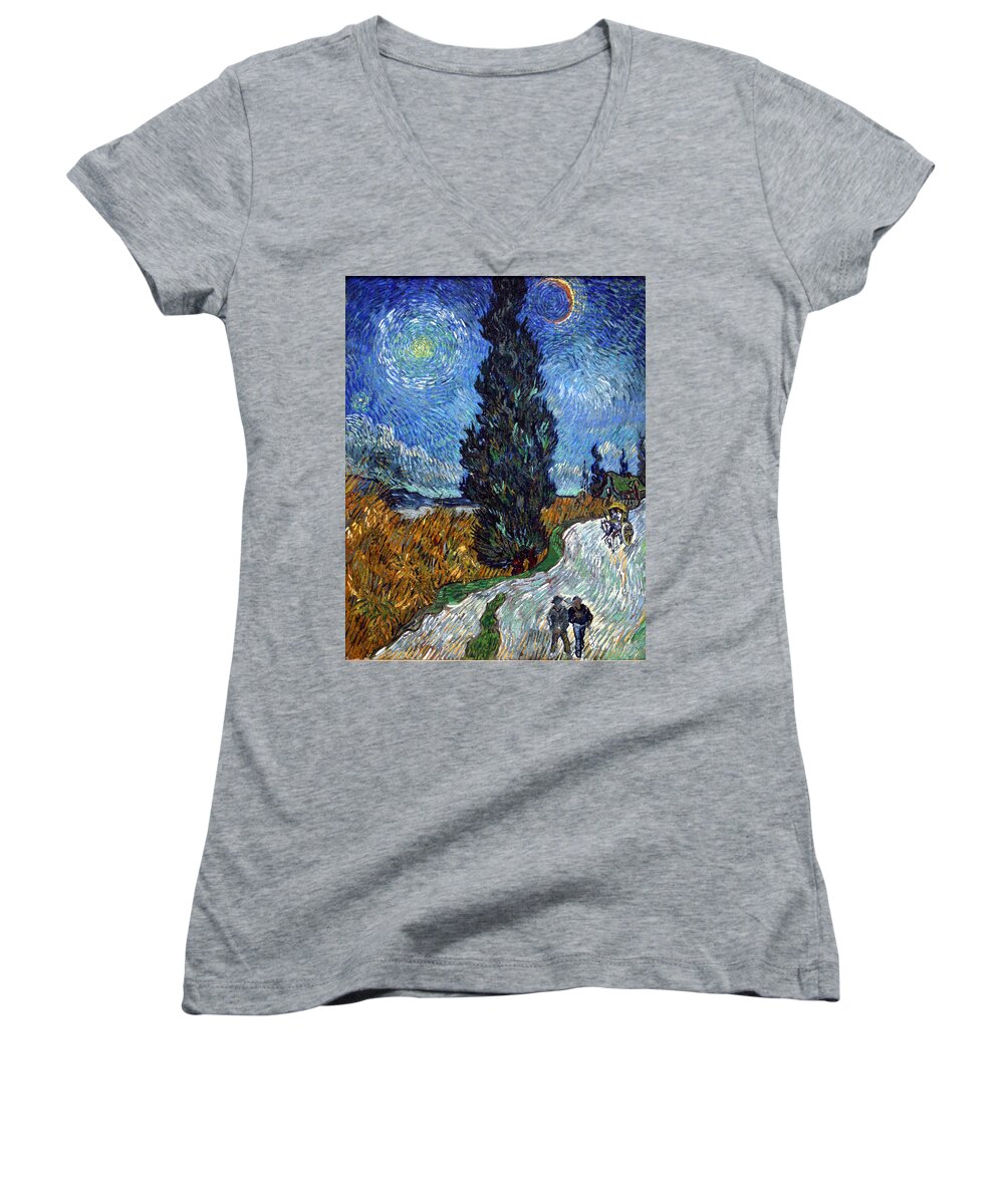 Vincent Van Gogh Women's V-Neck featuring the painting Saint-Remy Road With Cypress and Star by Vincent Van Gogh