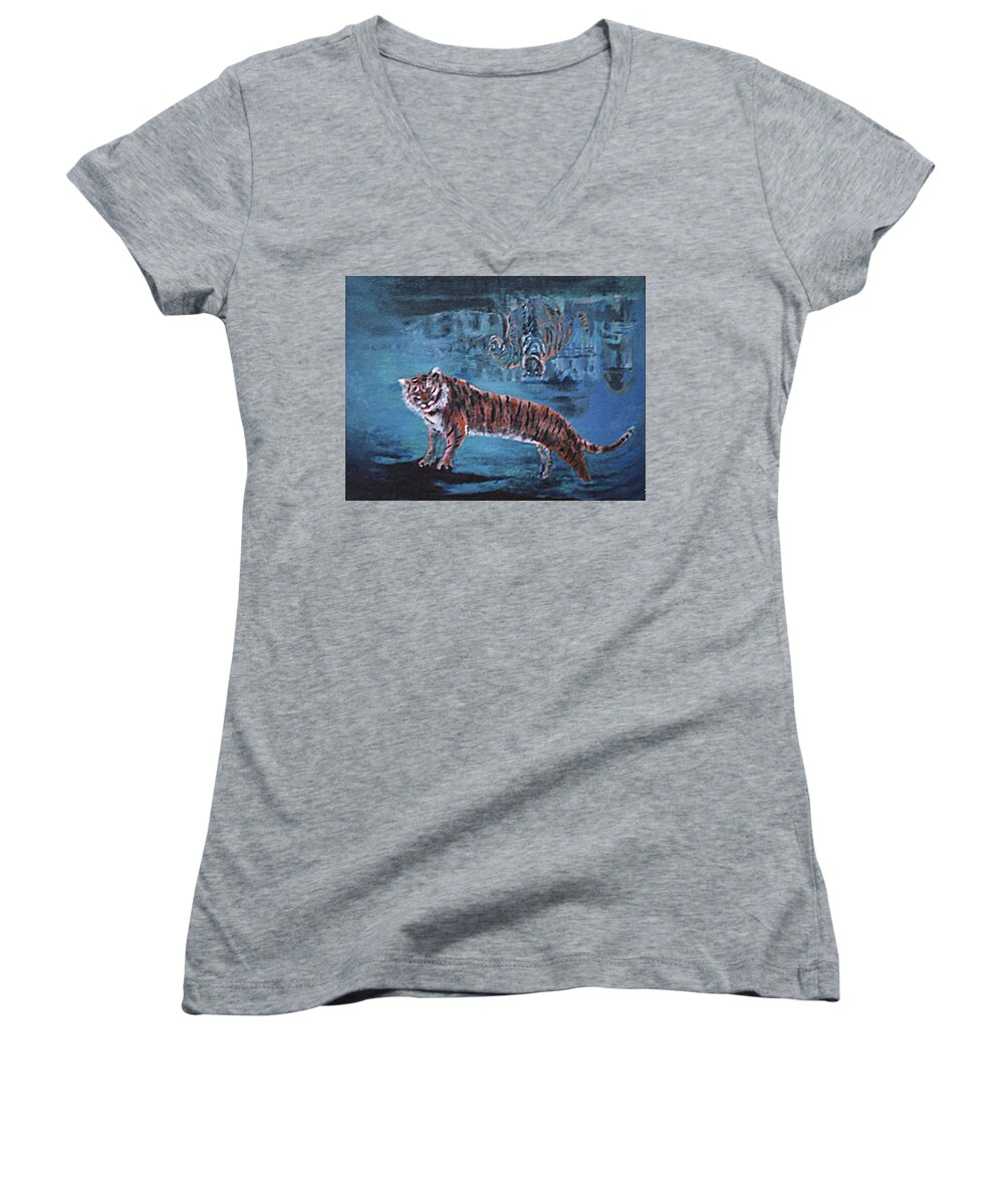 Tiger Women's V-Neck featuring the painting Salvato dalle acque by Enrico Garff