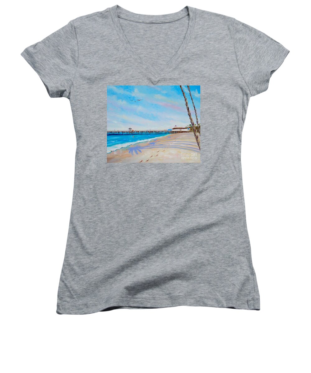 San Clemente Women's V-Neck featuring the painting San Clemente Walk by Mary Scott