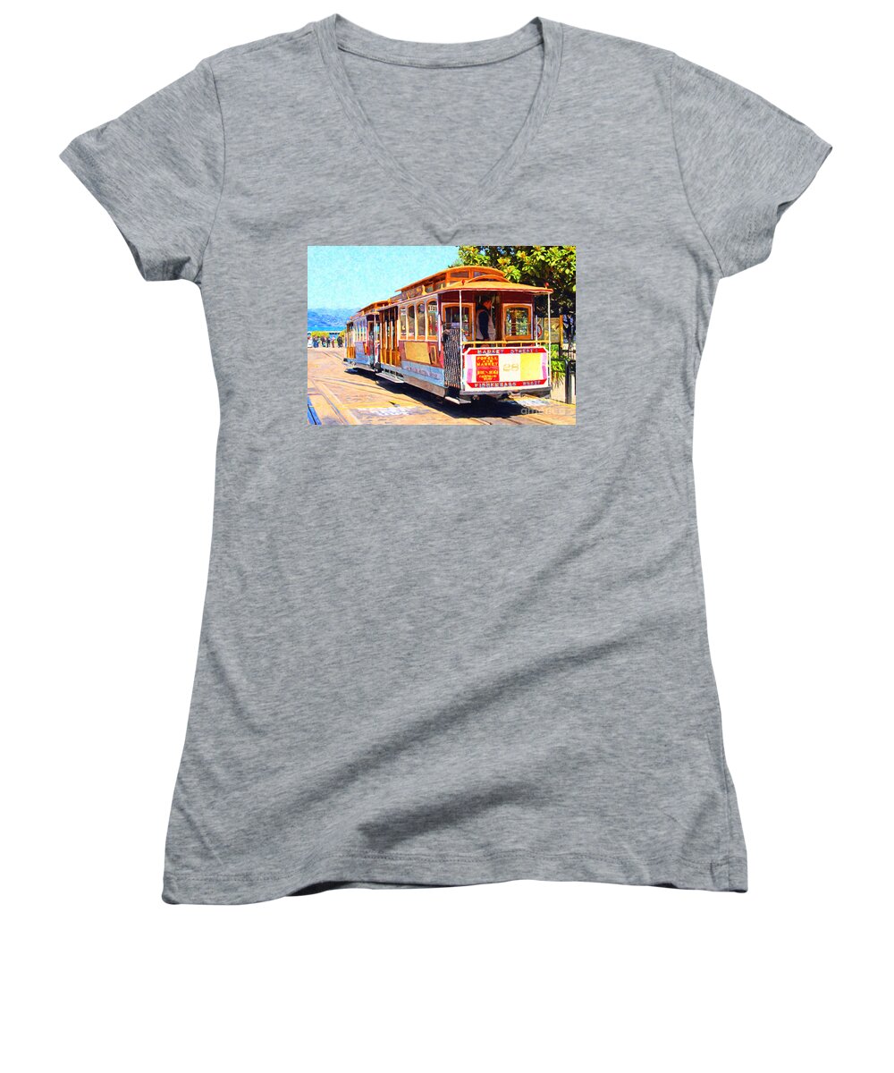 San Francisco Women's V-Neck featuring the photograph San Francisco Cablecar At Fishermans Wharf . 7D14097 by Wingsdomain Art and Photography