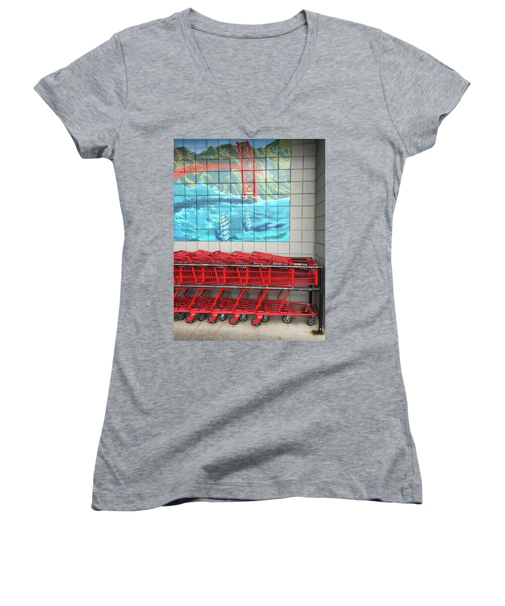 Grocery Store Women's V-Neck featuring the photograph San Francisco Trader Joe's by Erik Burg