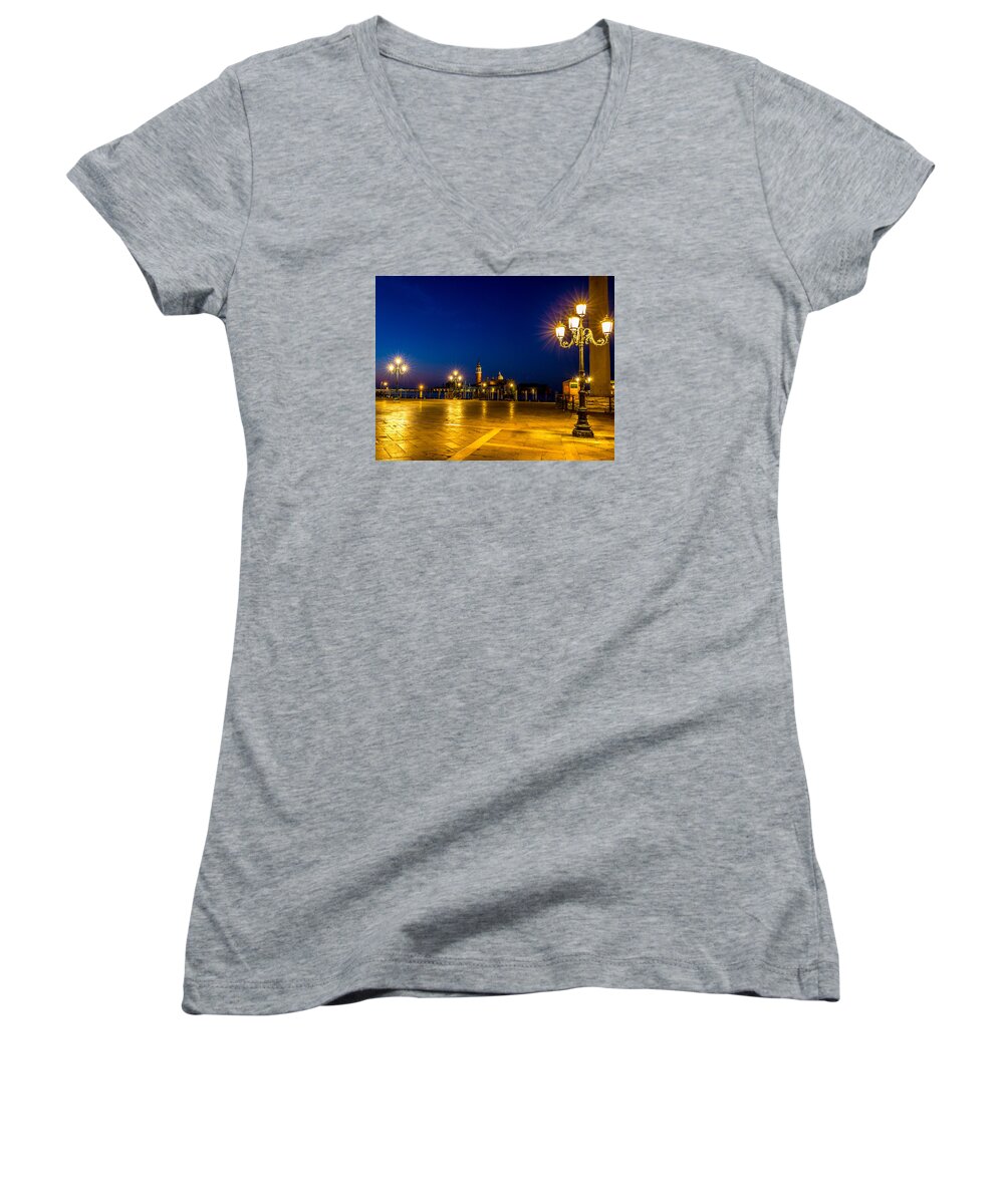 Sunrise Women's V-Neck featuring the photograph San Marco Square in Venice at Sunrise by Lev Kaytsner