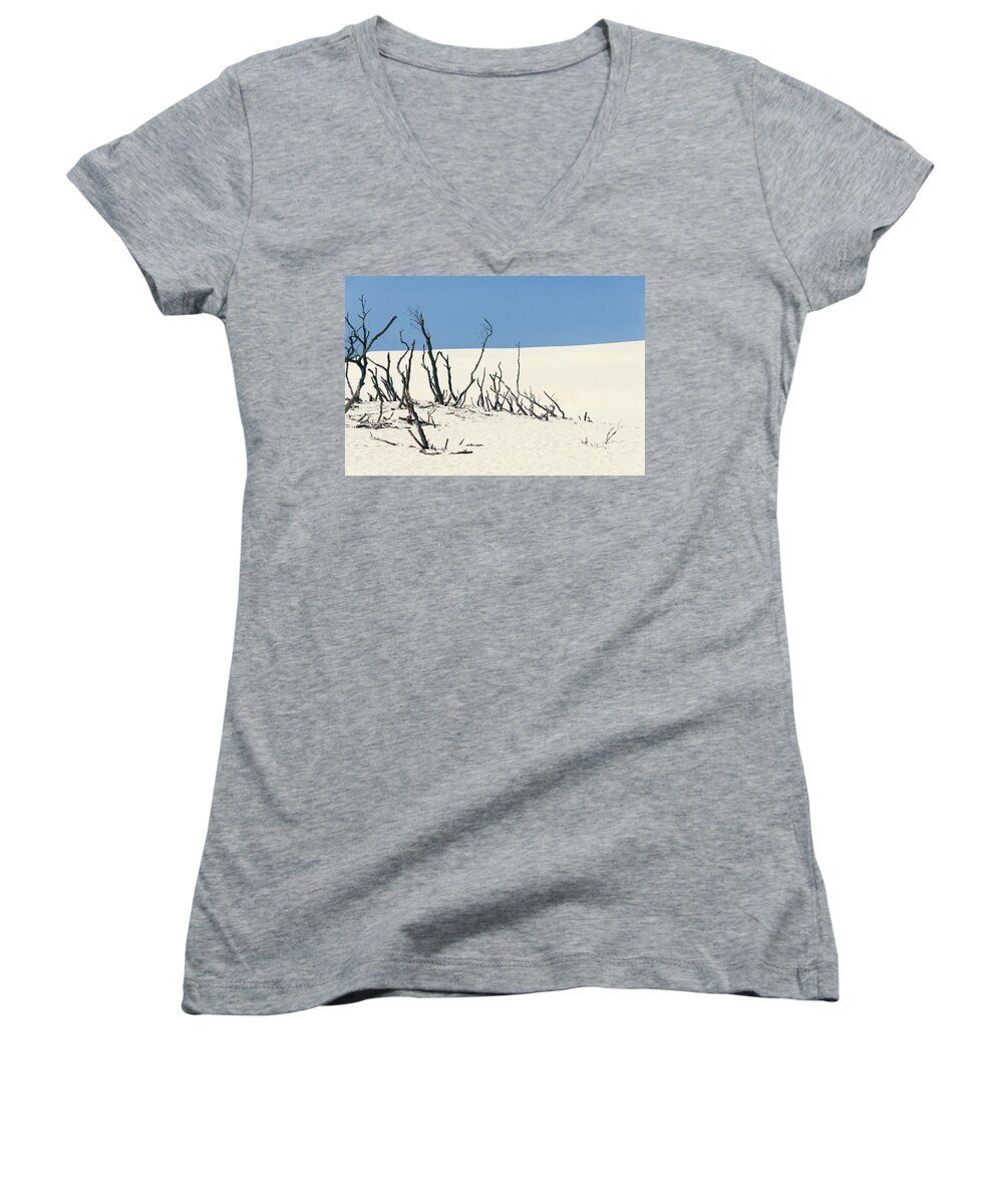 Sand Women's V-Neck featuring the photograph Sand Dune With Dead Trees by Chevy Fleet
