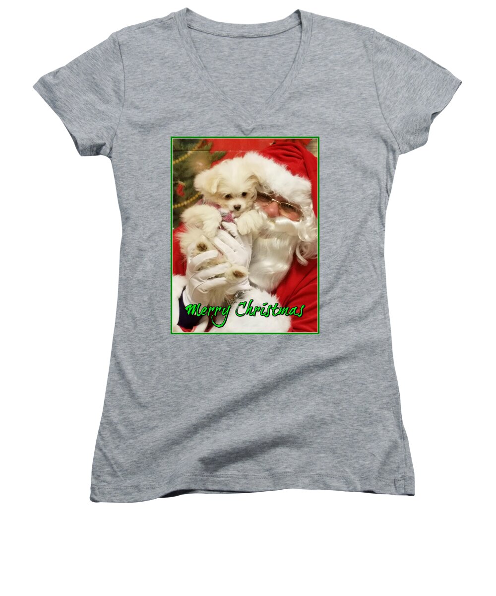 Puppy Women's V-Neck featuring the painting Santa Paws by Darren Robinson