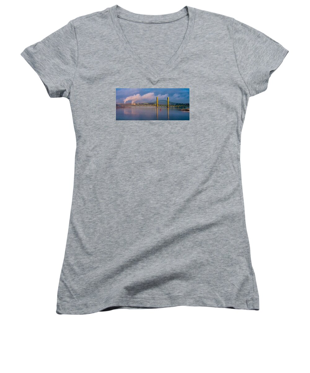 New England Women's V-Neck featuring the photograph Sarah Long Bridge at Dawn by Thomas Lavoie