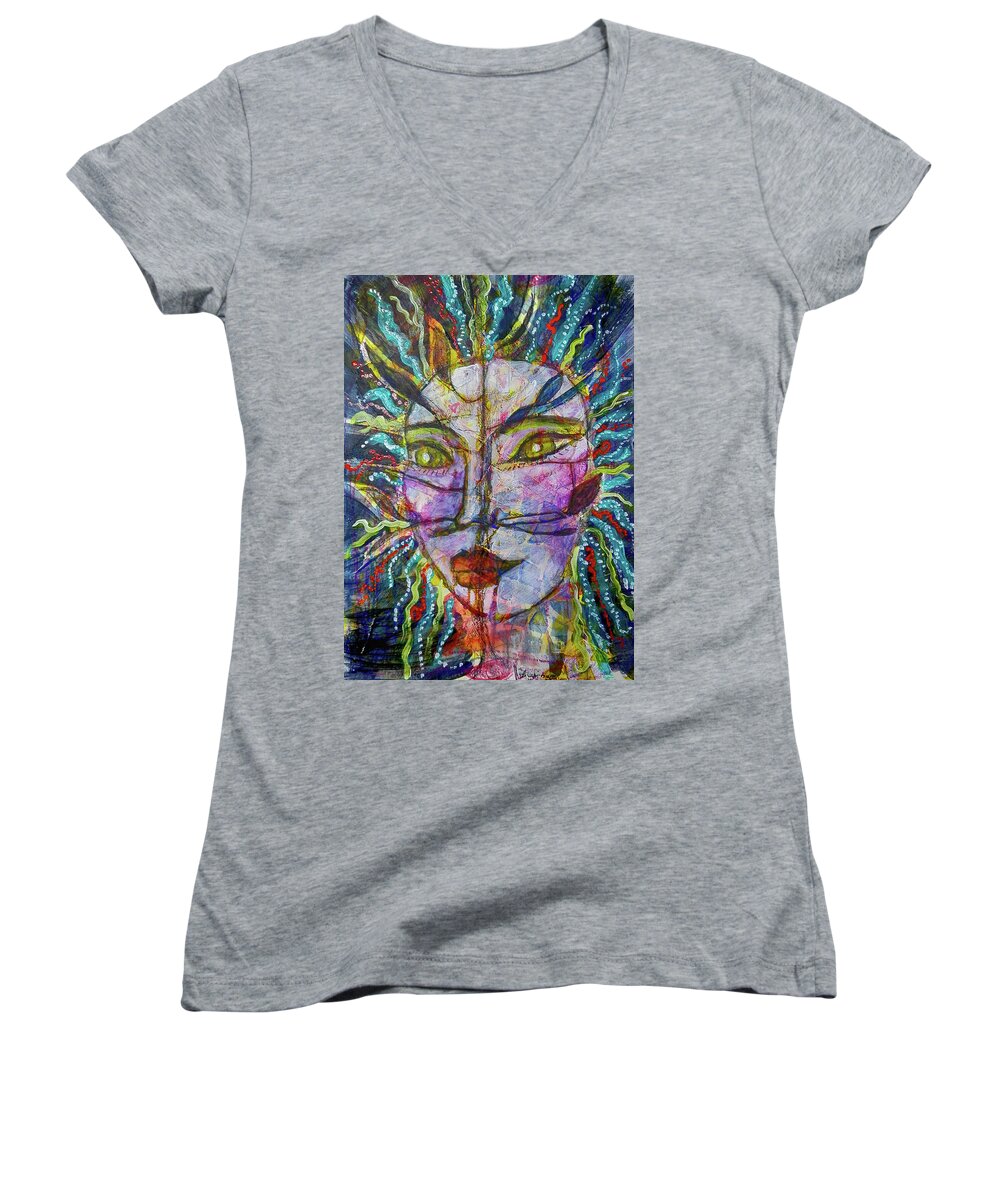 Warrior Women's V-Neck featuring the mixed media Scarred Beauty by Mimulux Patricia No