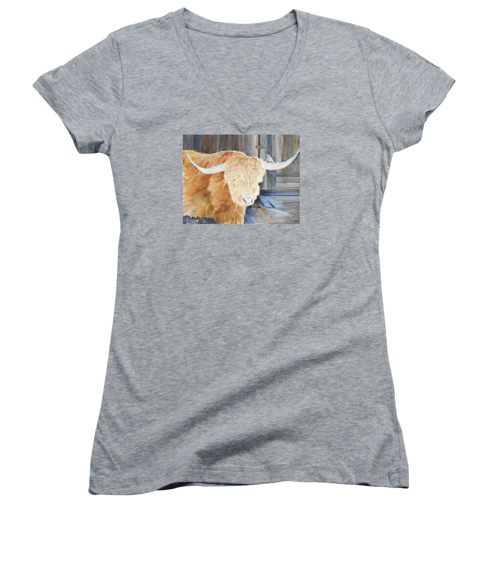 Scottish Highland Women's V-Neck featuring the painting Scottish Highland and Friend by Christine Lathrop