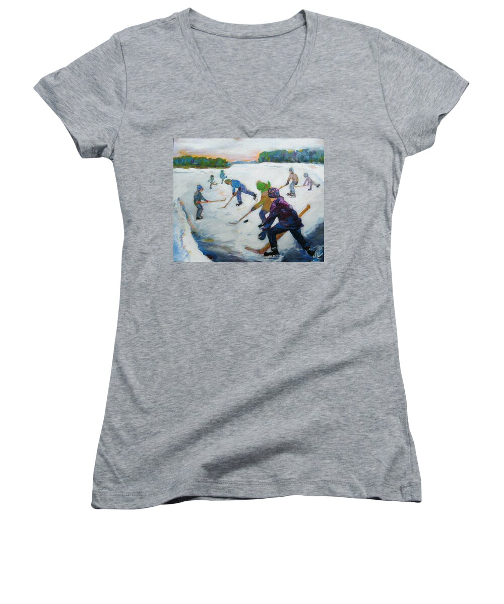 Children Women's V-Neck featuring the painting Scrimmage on the River by Naomi Gerrard