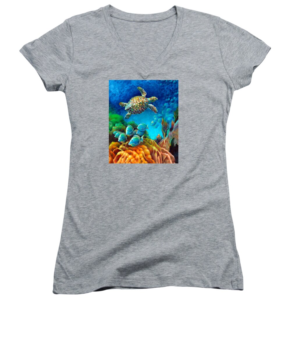 Canvas Prints Women's V-Neck featuring the painting Sea Escape III - Gemstone Hawksbill Turtle by Nancy Tilles