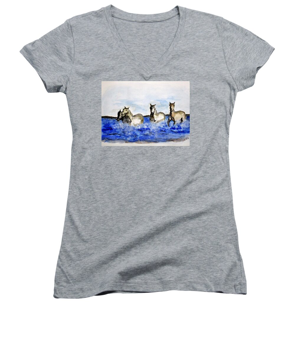 Clyde J. Kell Women's V-Neck featuring the painting Sea Horses by Clyde J Kell