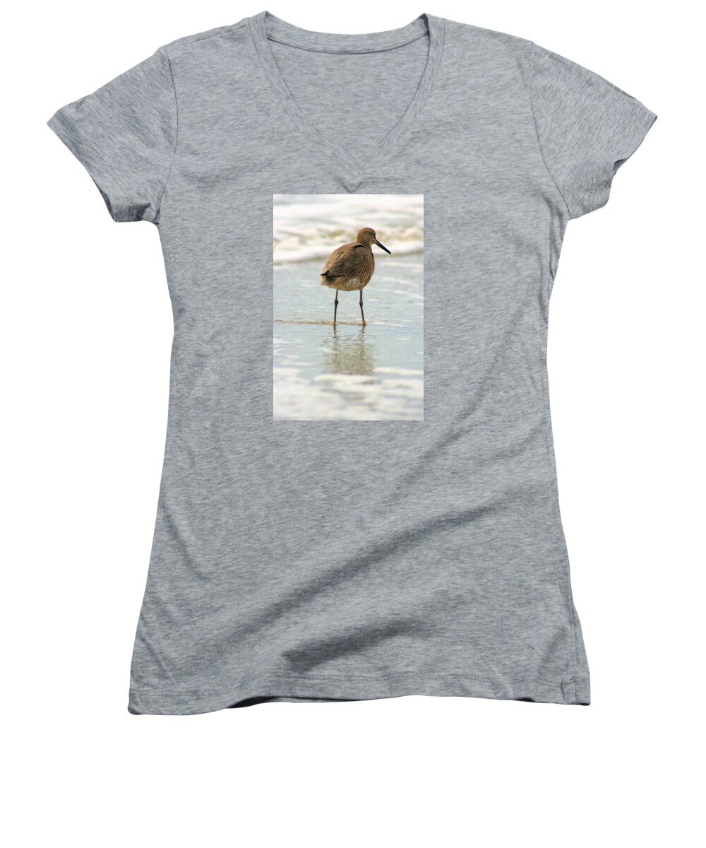 Behind Women's V-Neck featuring the photograph Sea Shore Stroller by Angela Rath