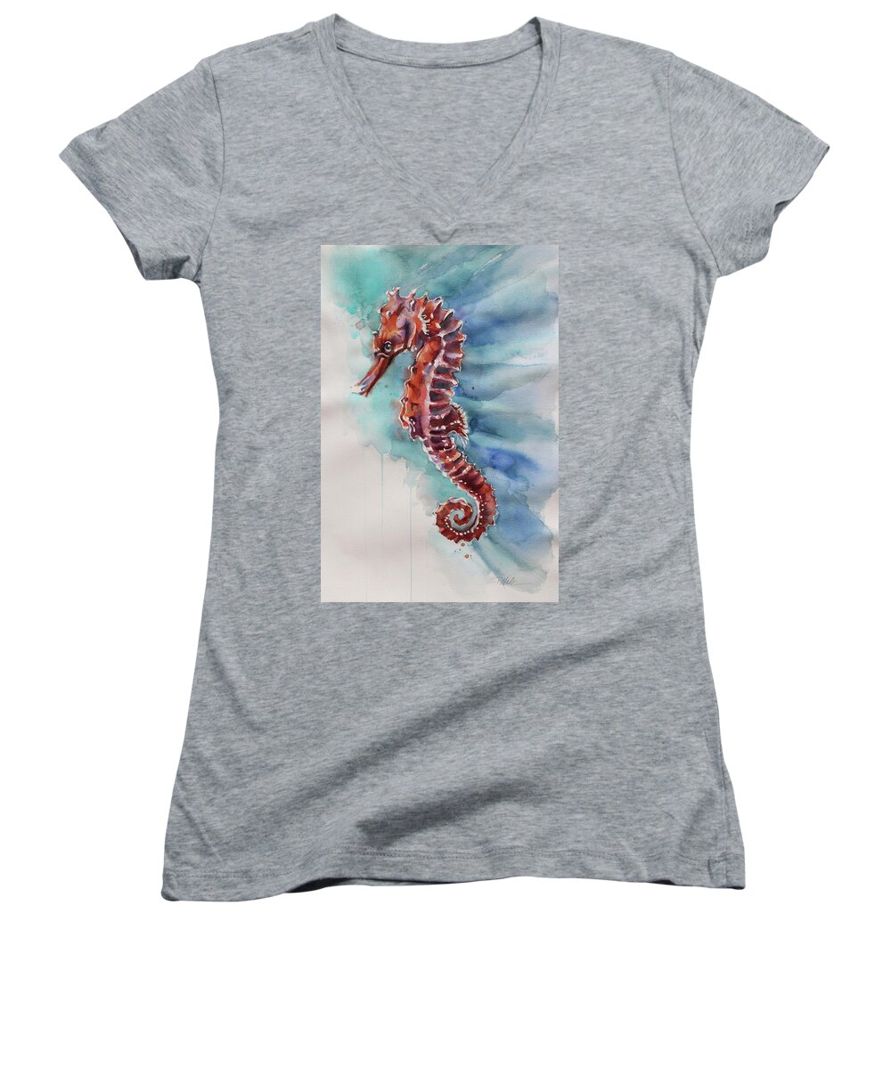 Beach Women's V-Neck featuring the painting Seahorse 2 by Tracy Male