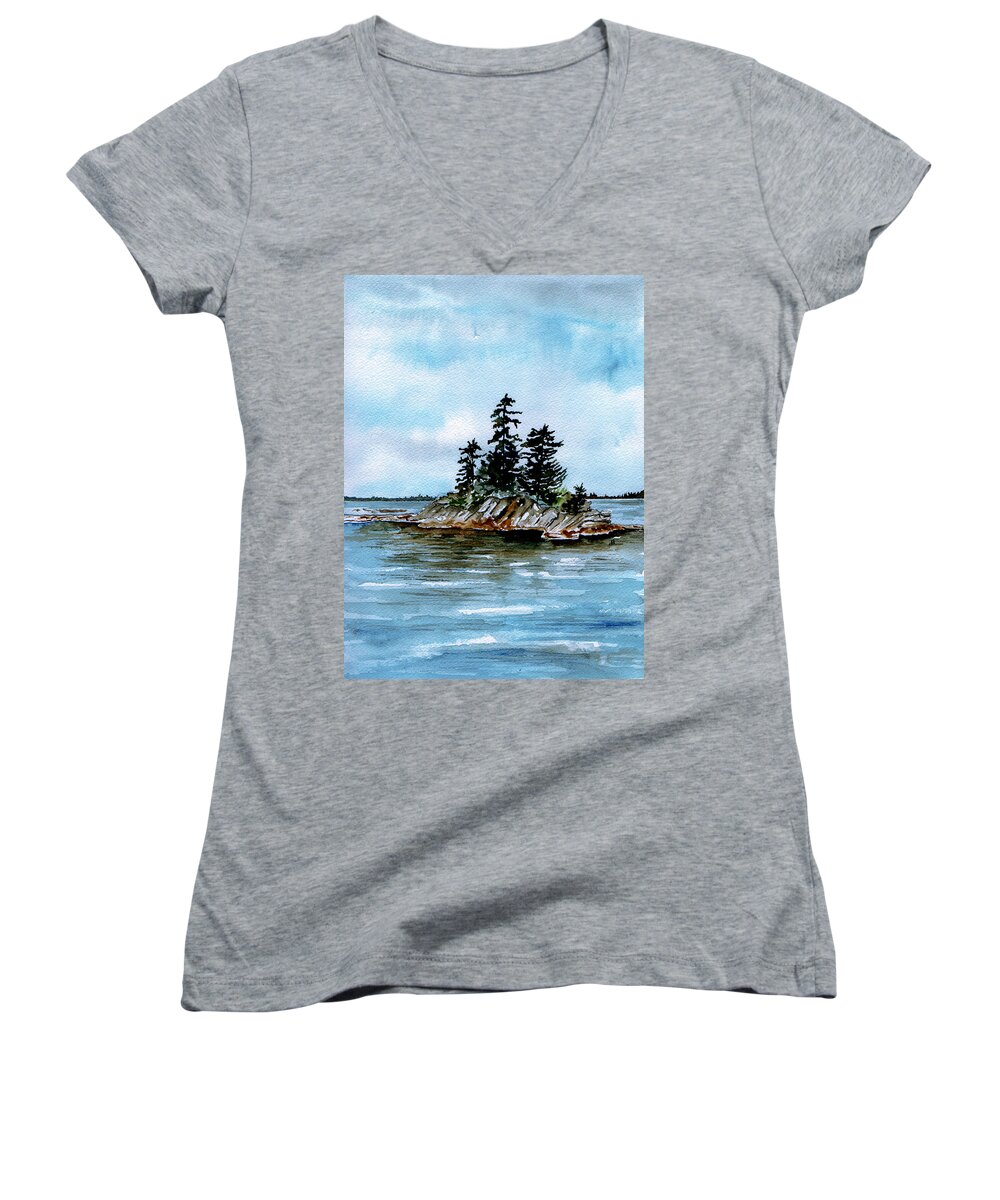 Seascape Women's V-Neck featuring the painting Seascape Casco Bay Maine by Brenda Owen