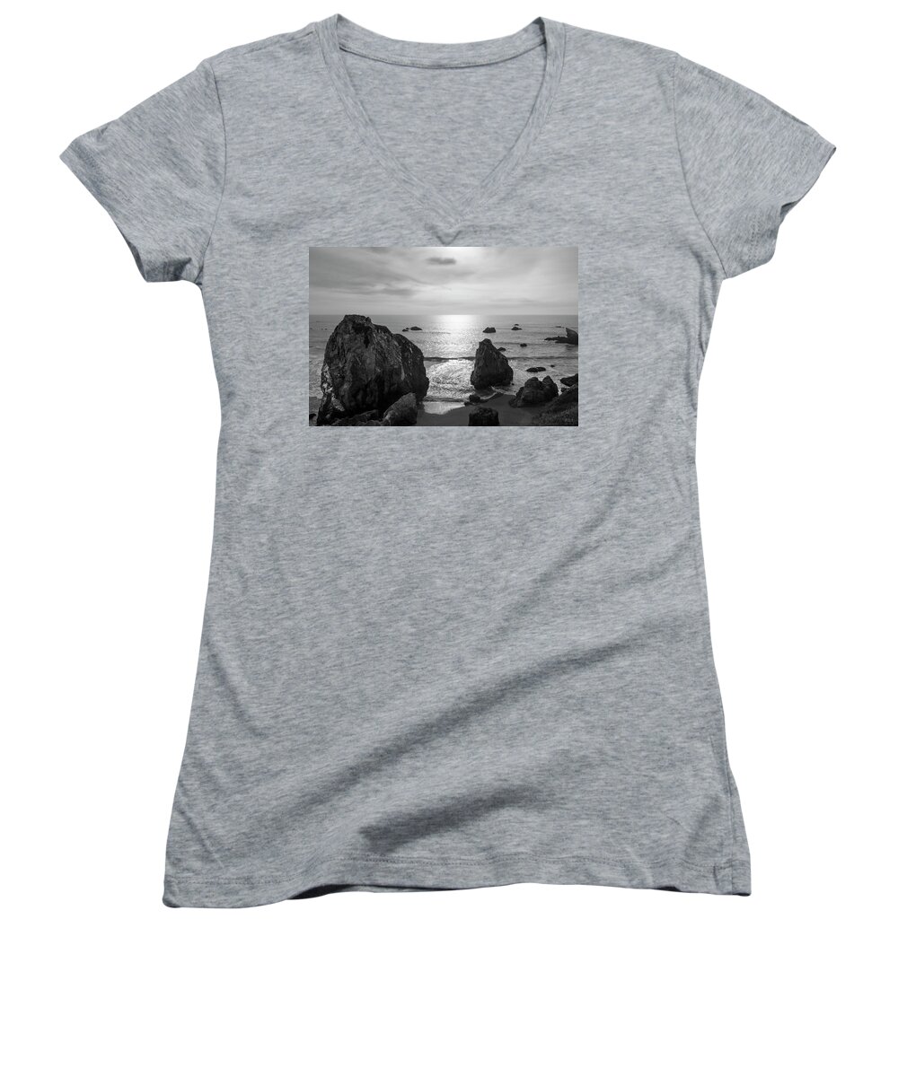 Pacific Women's V-Neck featuring the photograph Seascape Jenner California III BW by David Gordon