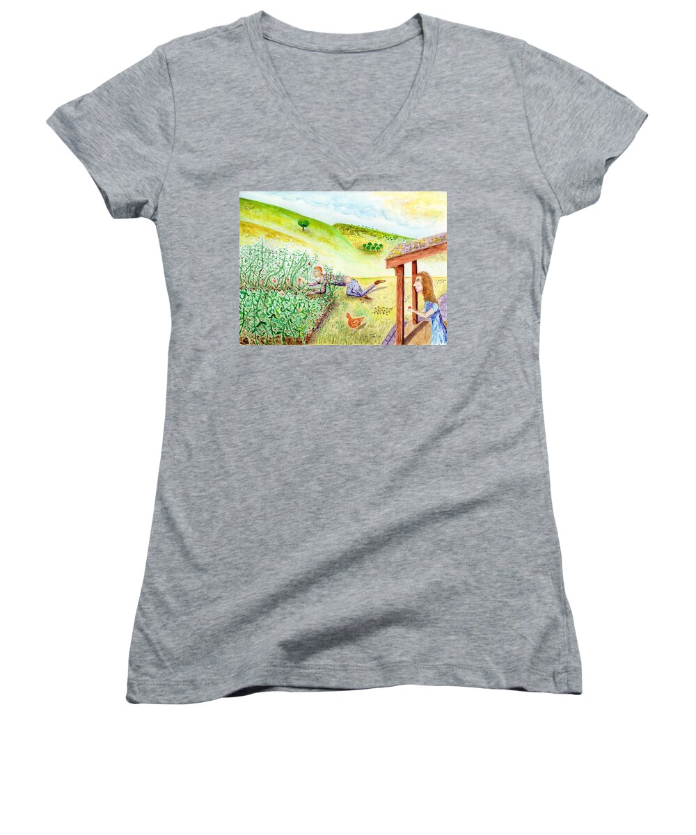 Jim Taylor Women's V-Neck featuring the painting Seasons First Tomatoes by Jim Taylor