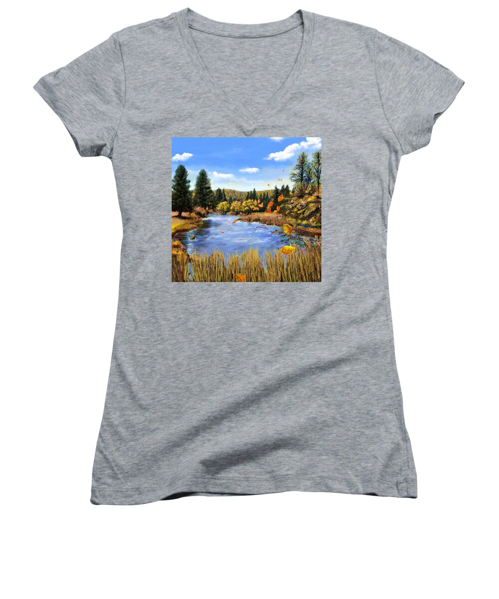 Montana Art Women's V-Neck featuring the painting Seeley Montana Fall by Susan Kinney