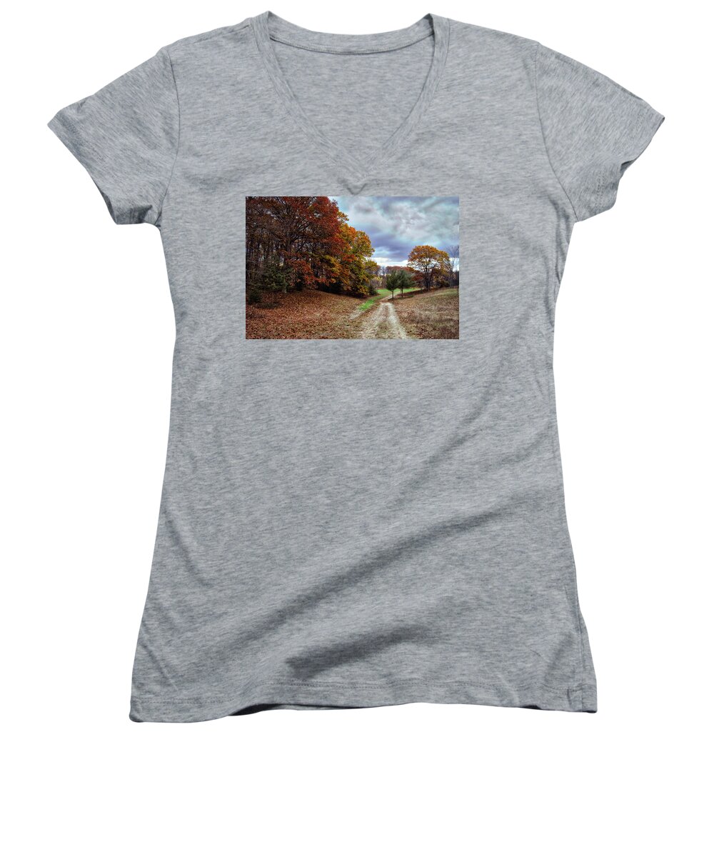 Autumn Women's V-Neck featuring the photograph Seldom Traveled 0609 by Michael Peychich