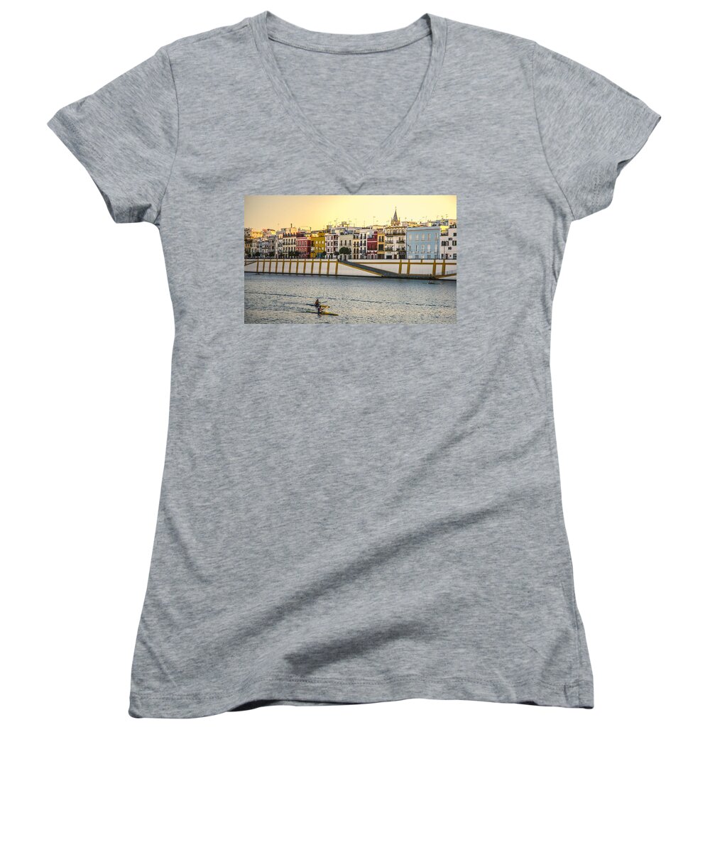 River Women's V-Neck featuring the photograph Seville - Sunset in Calle Betis by AM FineArtPrints