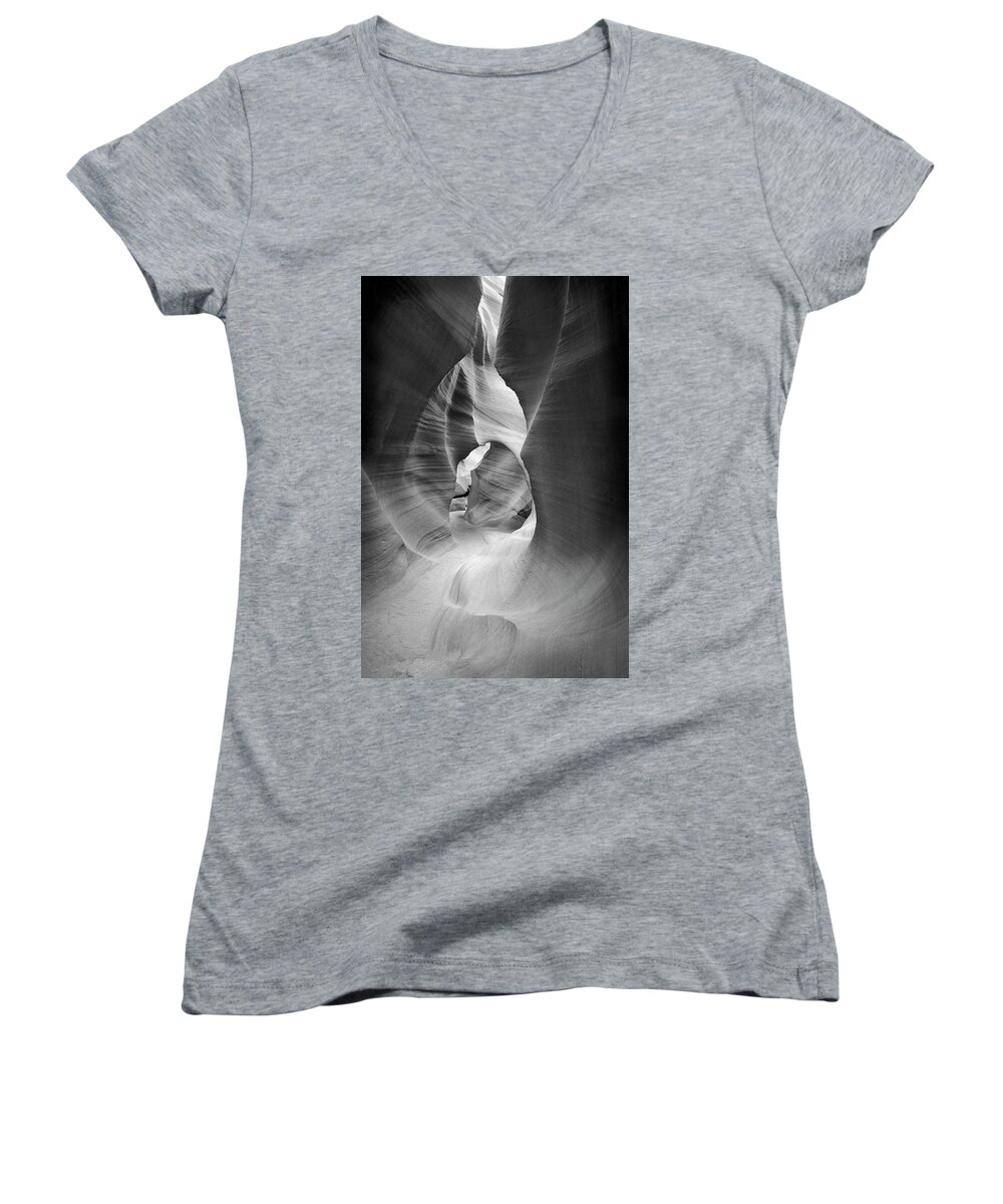 Antelope Canyon Women's V-Neck featuring the photograph Shadows in Antelope Canyon by Jon Glaser