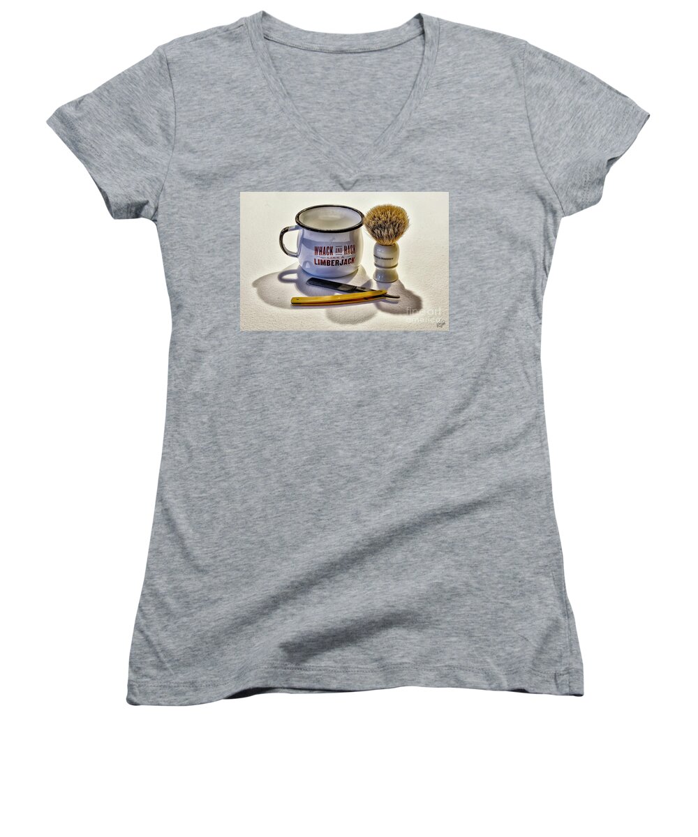 Shave Women's V-Neck featuring the photograph Shaving Still Life by Walt Foegelle