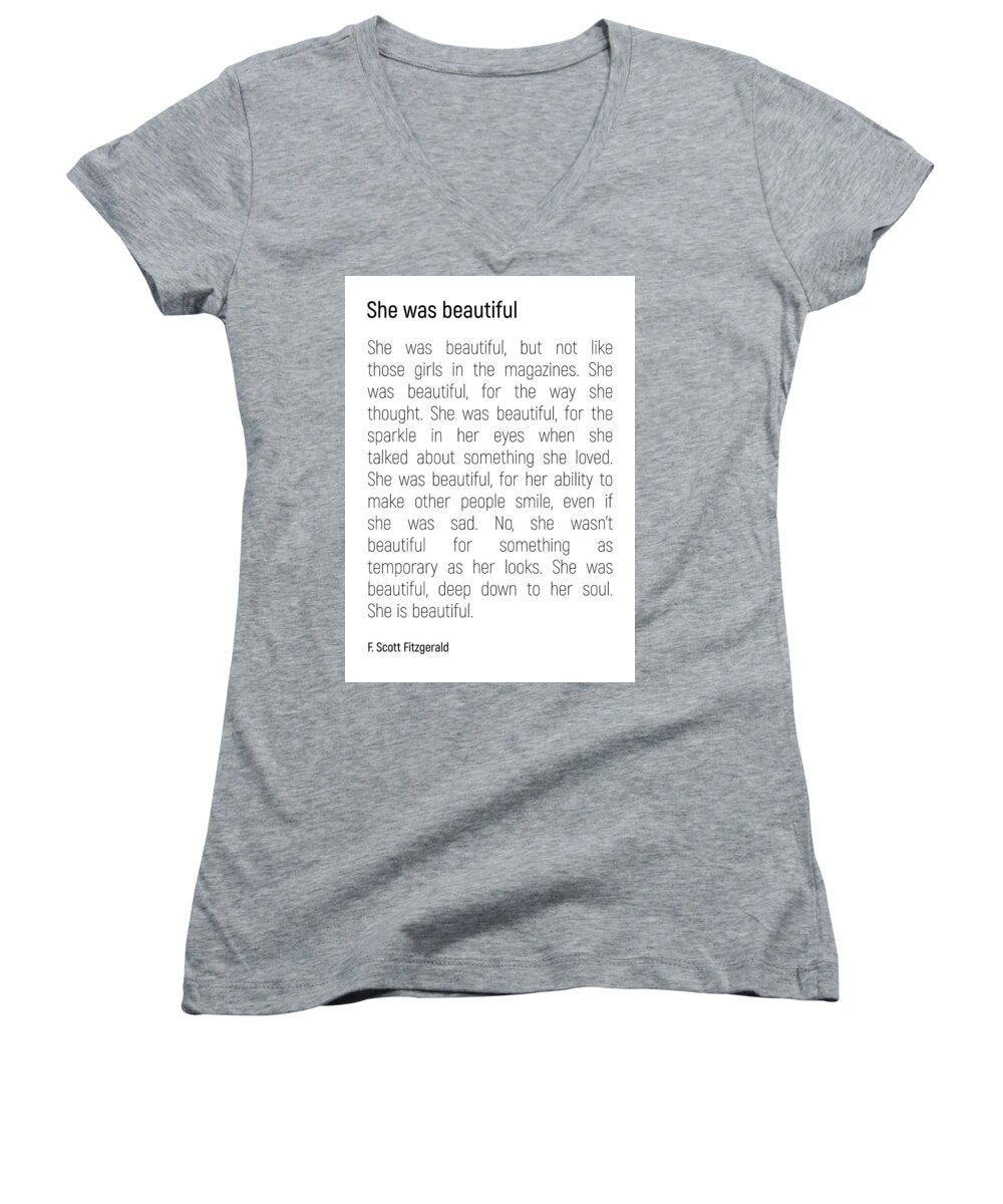 Minimalist Women's V-Neck featuring the photograph She Was Beautiful By F. Scott Fitzgerald 2 #minimalism #poem by Andrea Anderegg