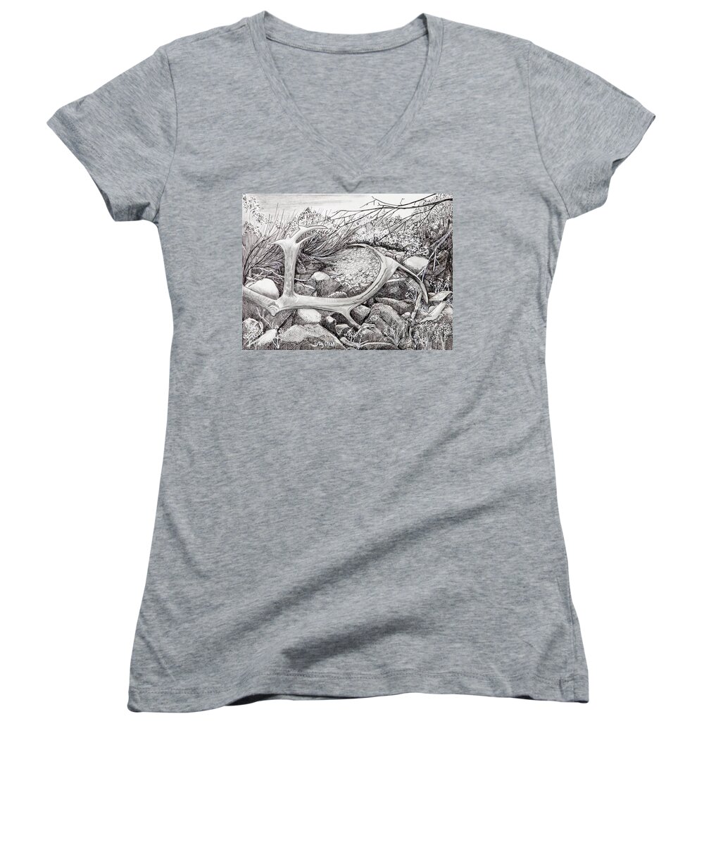 Gallery Women's V-Neck featuring the drawing Shed Antler by Betsy Carlson Cross