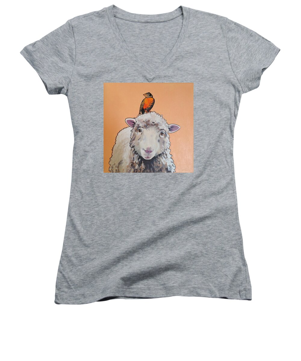 Sheep And Bird Women's V-Neck featuring the painting Shelley the Sheep by Sharon Cromwell
