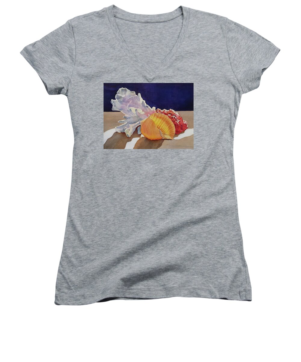 Seashells Women's V-Neck featuring the painting Shells on a Shelf by Judy Mercer