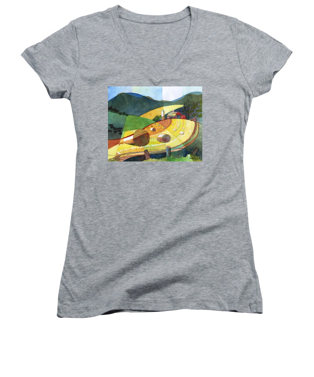 Landscape Women's V-Neck featuring the painting Shenandoah Haystacks by David Ralph