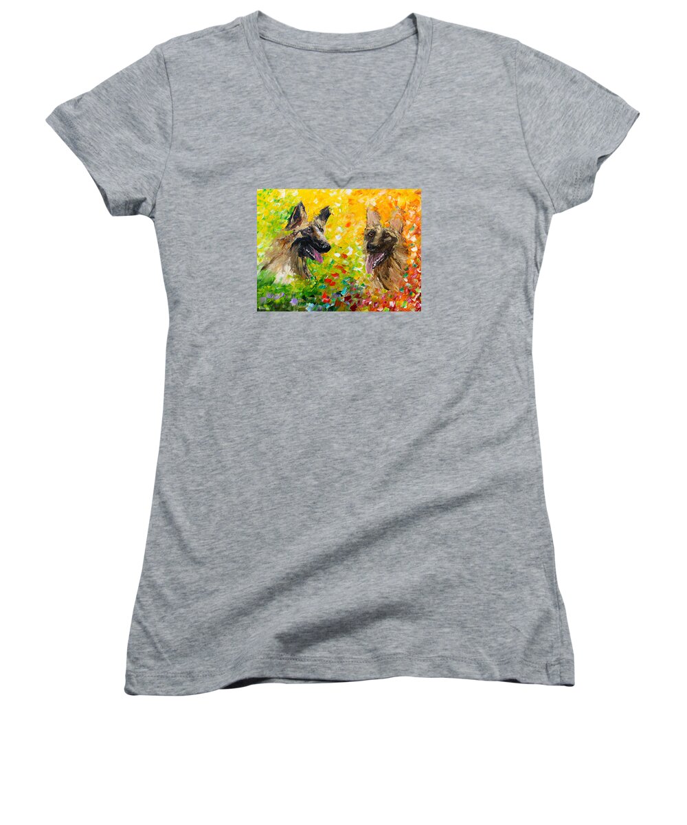 Dogs Women's V-Neck featuring the painting Shepards by Kevin Brown