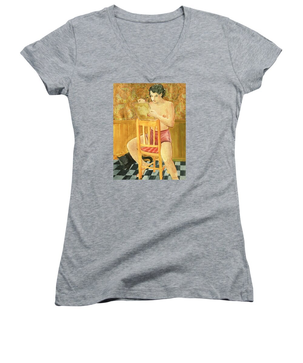 Nude Women's V-Neck featuring the painting She's So Cute by Thomas Tribby