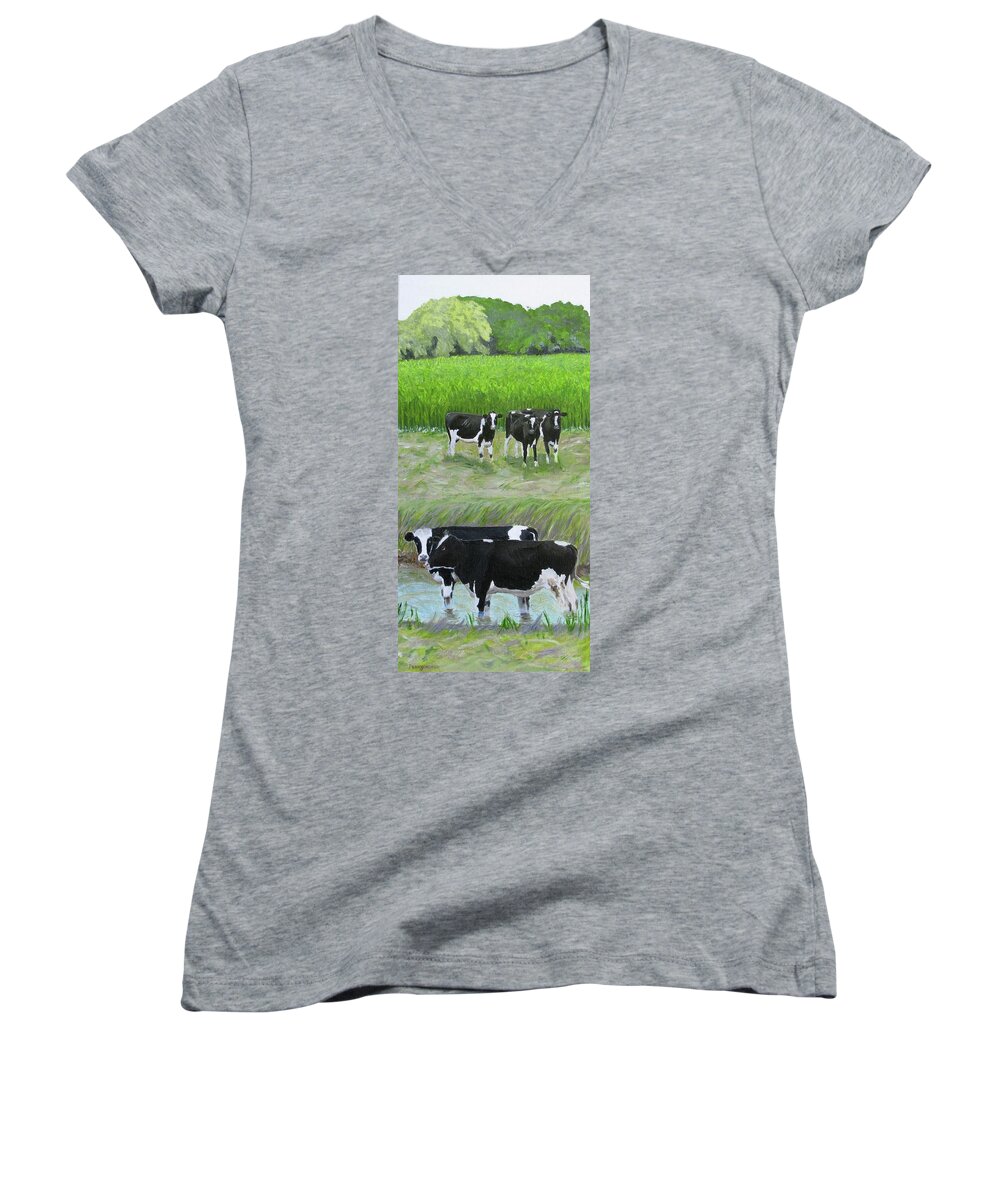 Holsteins Women's V-Neck featuring the painting Should We Tell Them? by Barb Pennypacker